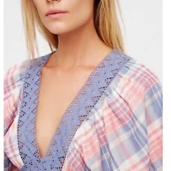 🎁FREE PEOPLE PLAID  LINEN TOP SMALL - Picture 5 of 13
